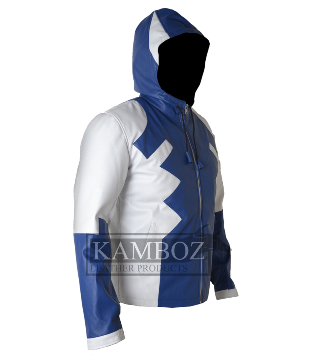 Deadpool Leather Jacket V2 White & Blue Hooded - Image 4