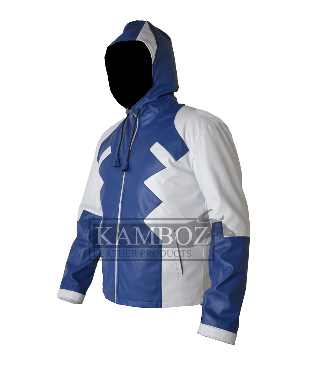 Deadpool Leather Jacket V2 White & Blue Hooded - Image 3